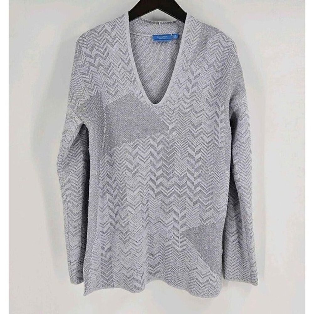 Simply Vera Vera Wang Gray Silver Metallic Abstract Geometric V-Neck Sweater M